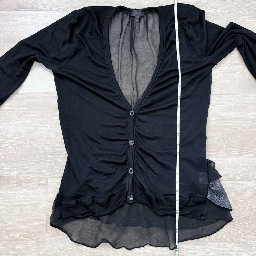 Clu Black Silk Chiffon Back Peplum Cardigan Top XS Sheer Ruffle Layered Metallic - Picture 9 of 16